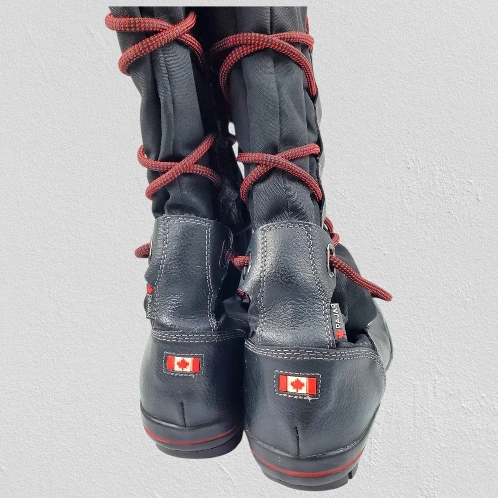 Pajar Canada Black Leather Tall Snow Boots Red Bungee Lace‎ EU 37